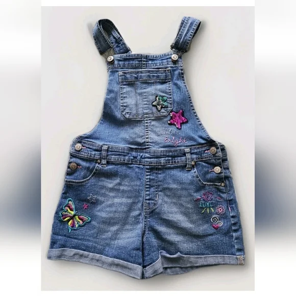Jordache Girls Denim Overall Shorts XL/XG (14-16) Embroidered Butterfly Star - Picture 1 of 7